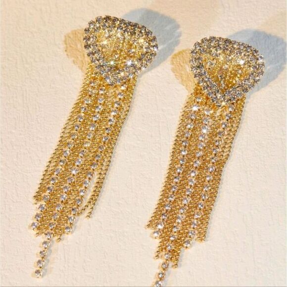 Luxury Rhinestone Gold Crystal Heart Tassel Earrings - Picture 1 of 4
